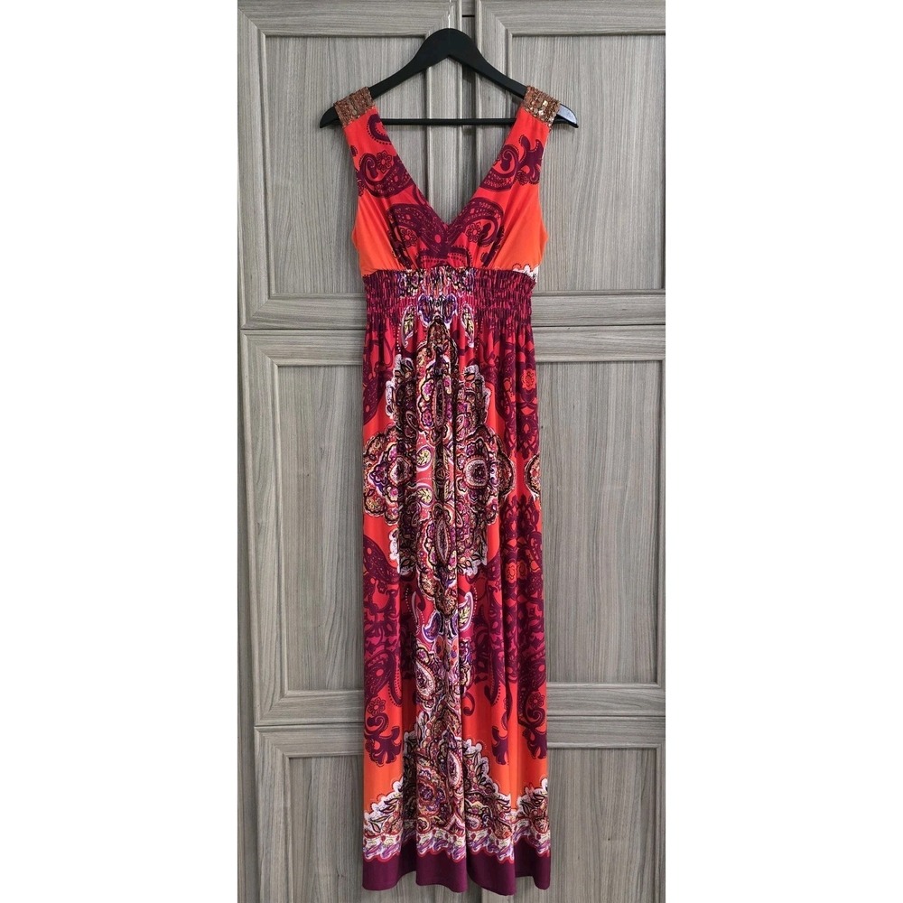 BisouBisou Sleeveless Maxi Dress Sz 6 Vibrant Paisley Print Beaded Shoulders
